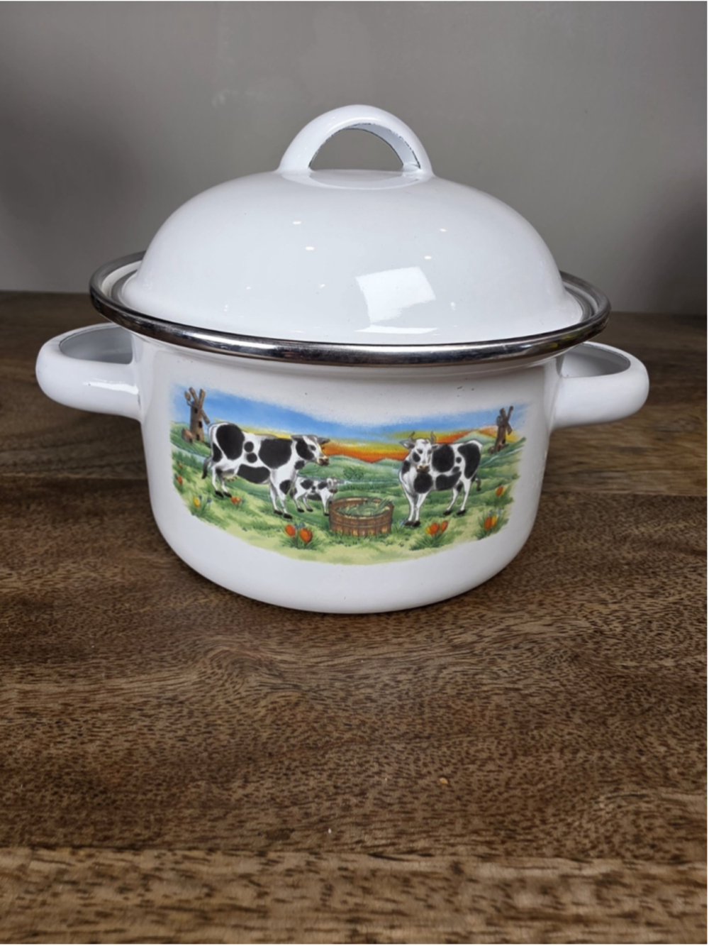 VTG White Enamel Cow Dutch Oven Stock Pot Lid Farmhouse 5.5" Farm Decor Cottage